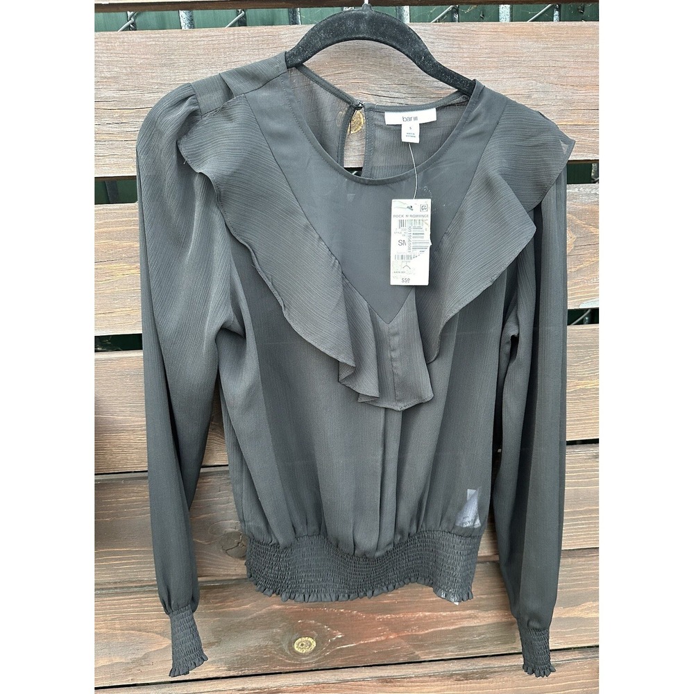 New Bar III  Black Sheer Long Sleeve Ruffle Blouse Size Small $59